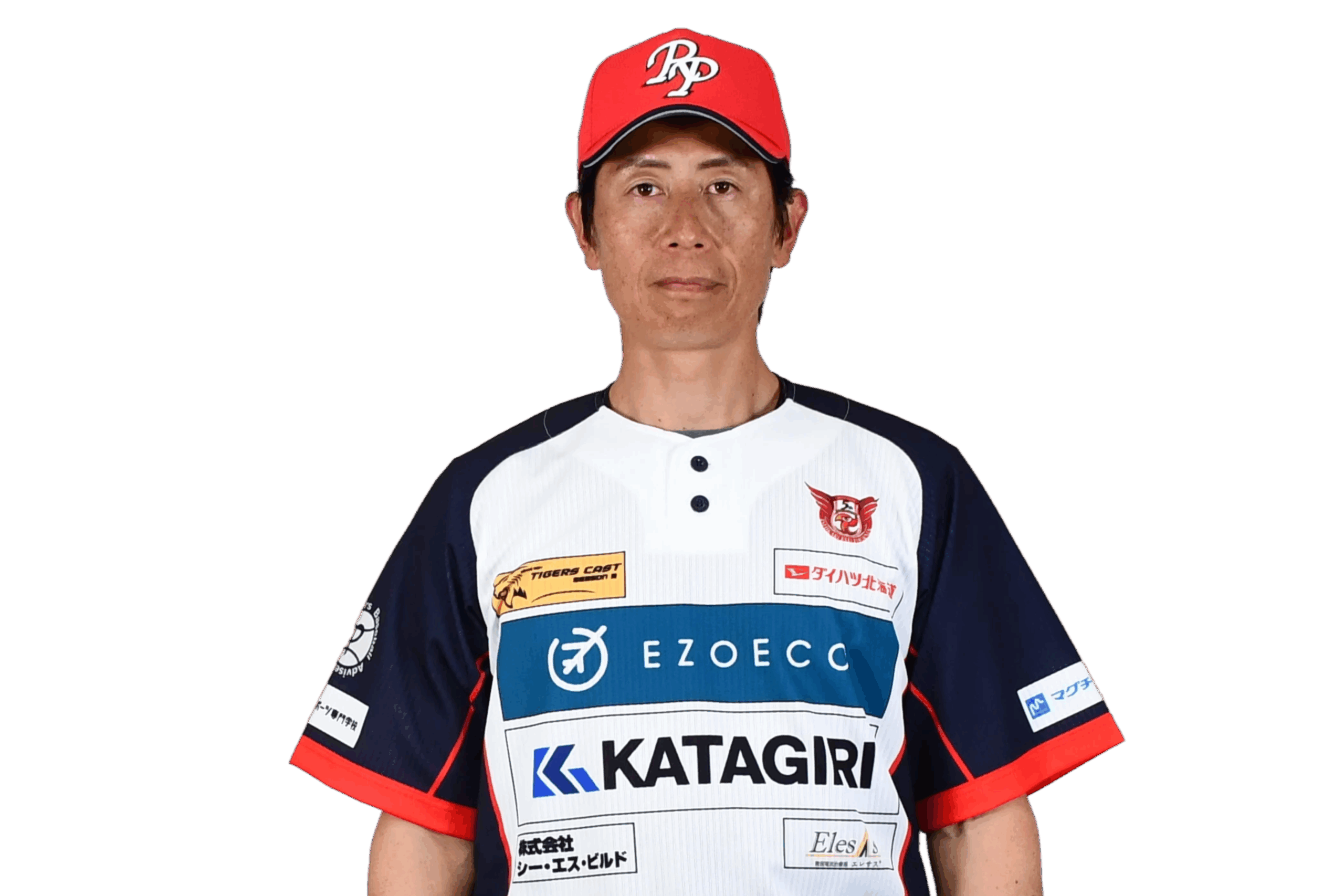 背番号99の的場　寛一監督がユニフォーム姿で正面を向いている